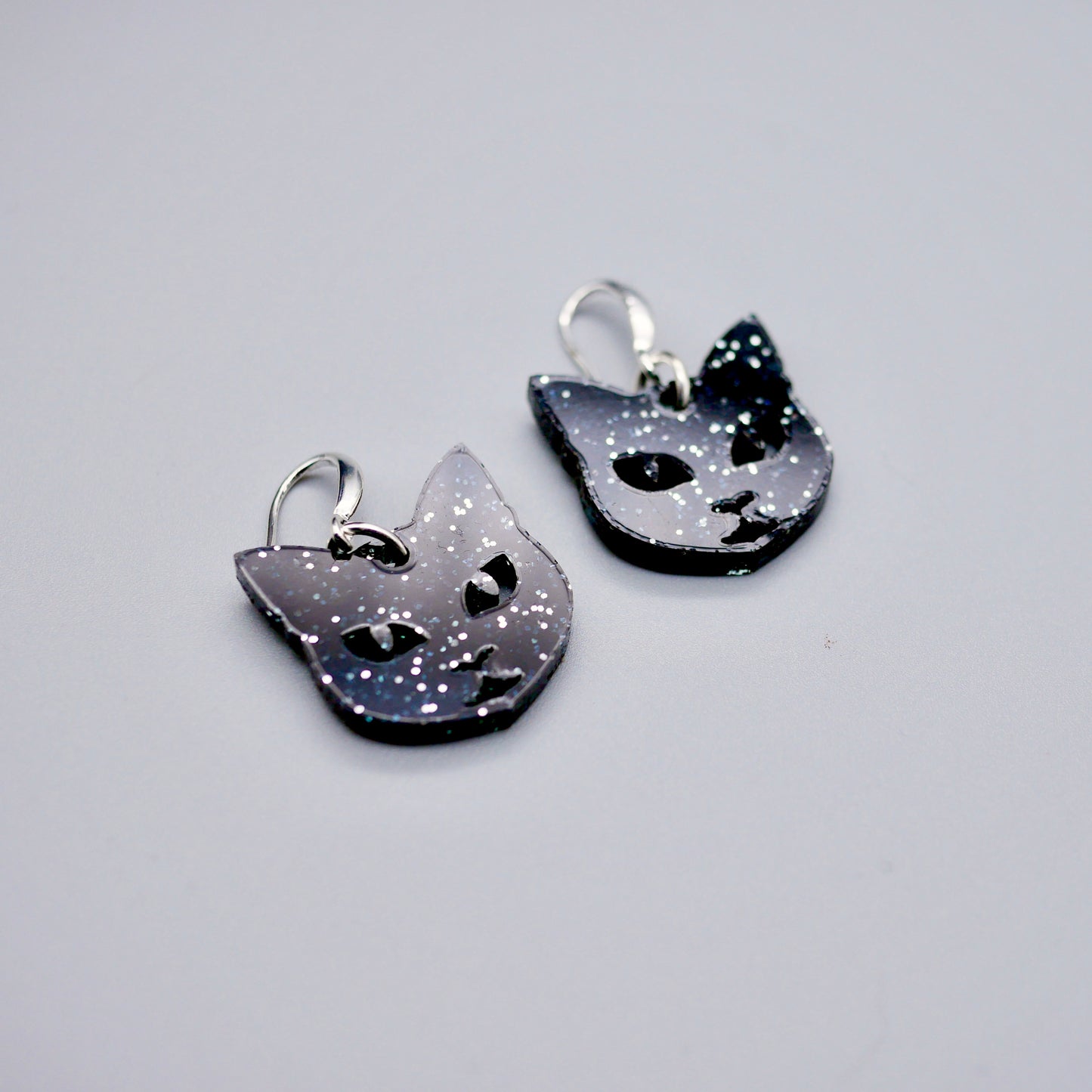 Lucky Black Cat Earrings - Black Glitter