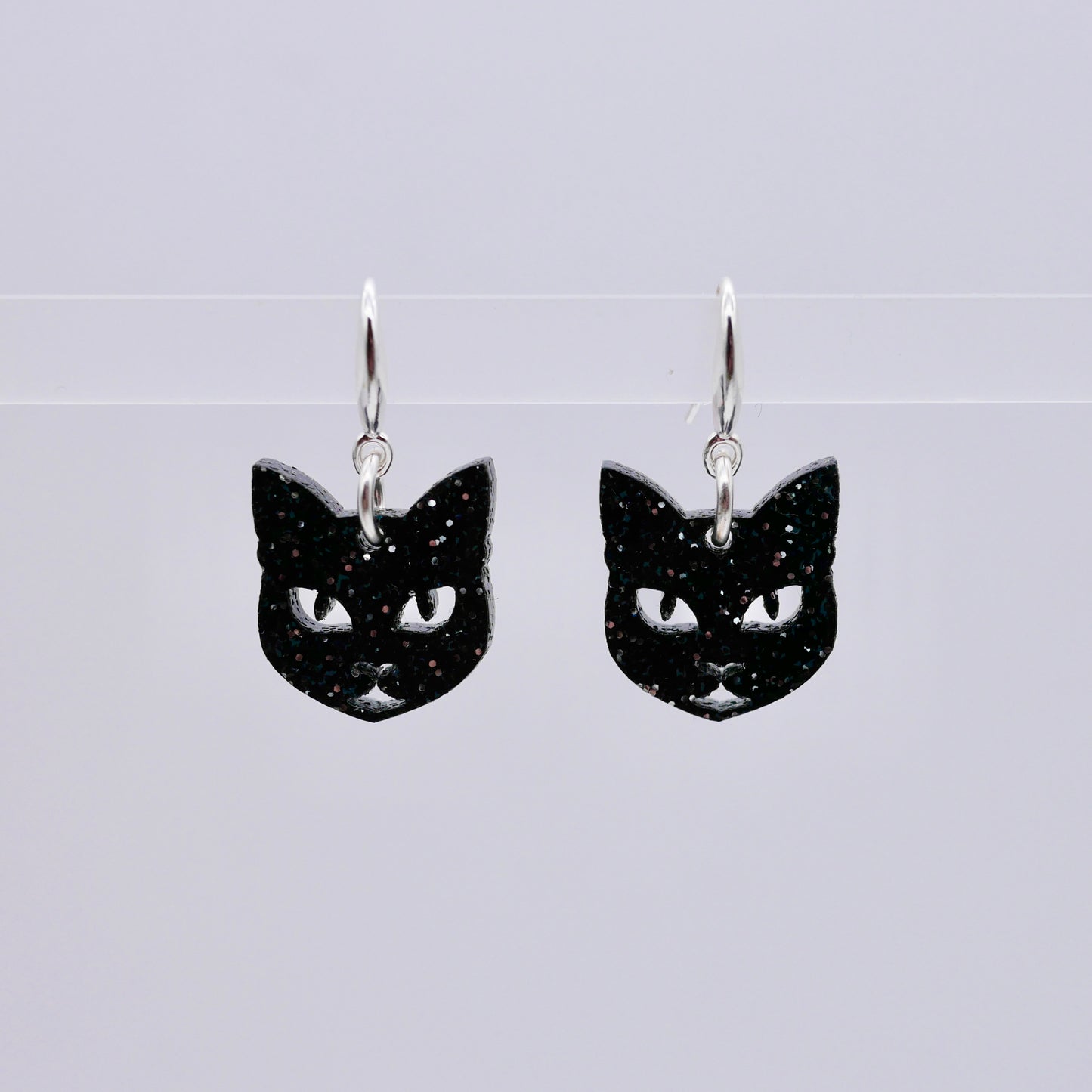Lucky Black Cat Earrings - Black Glitter