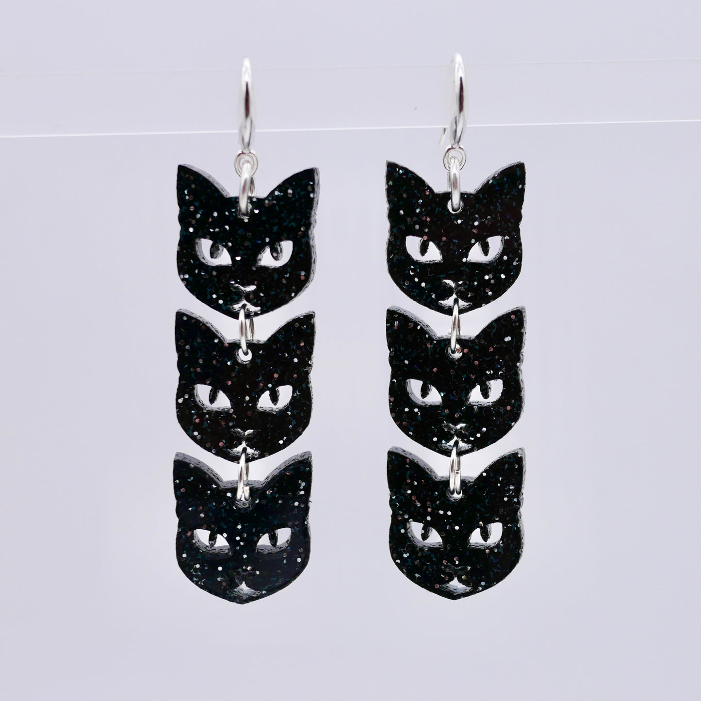 Lucky Black Cat Earrings - Black Glitter