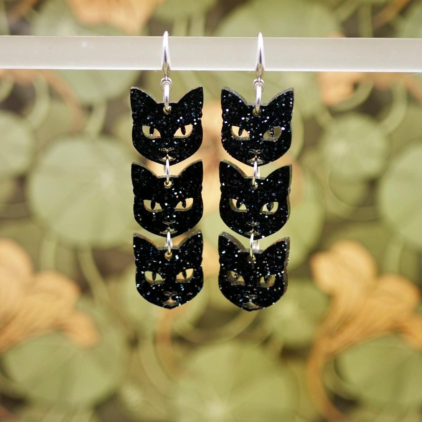 Lucky Black Cat Earrings - Black Glitter