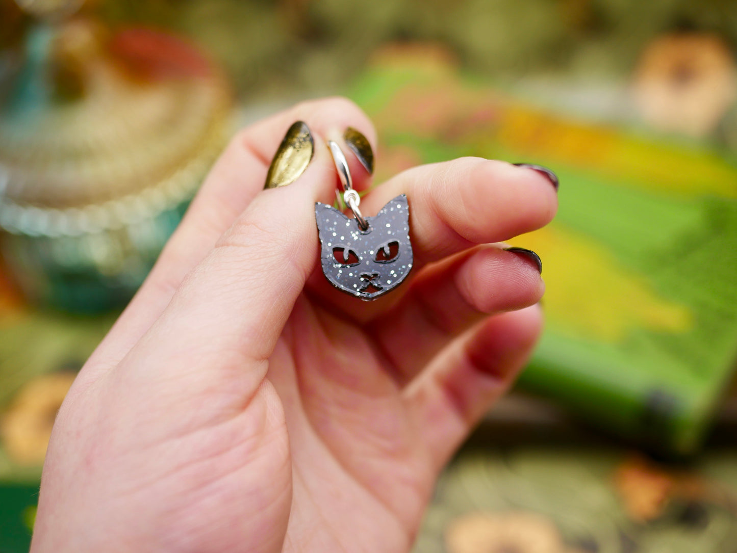 Lucky Black Cat Earrings - Black Glitter